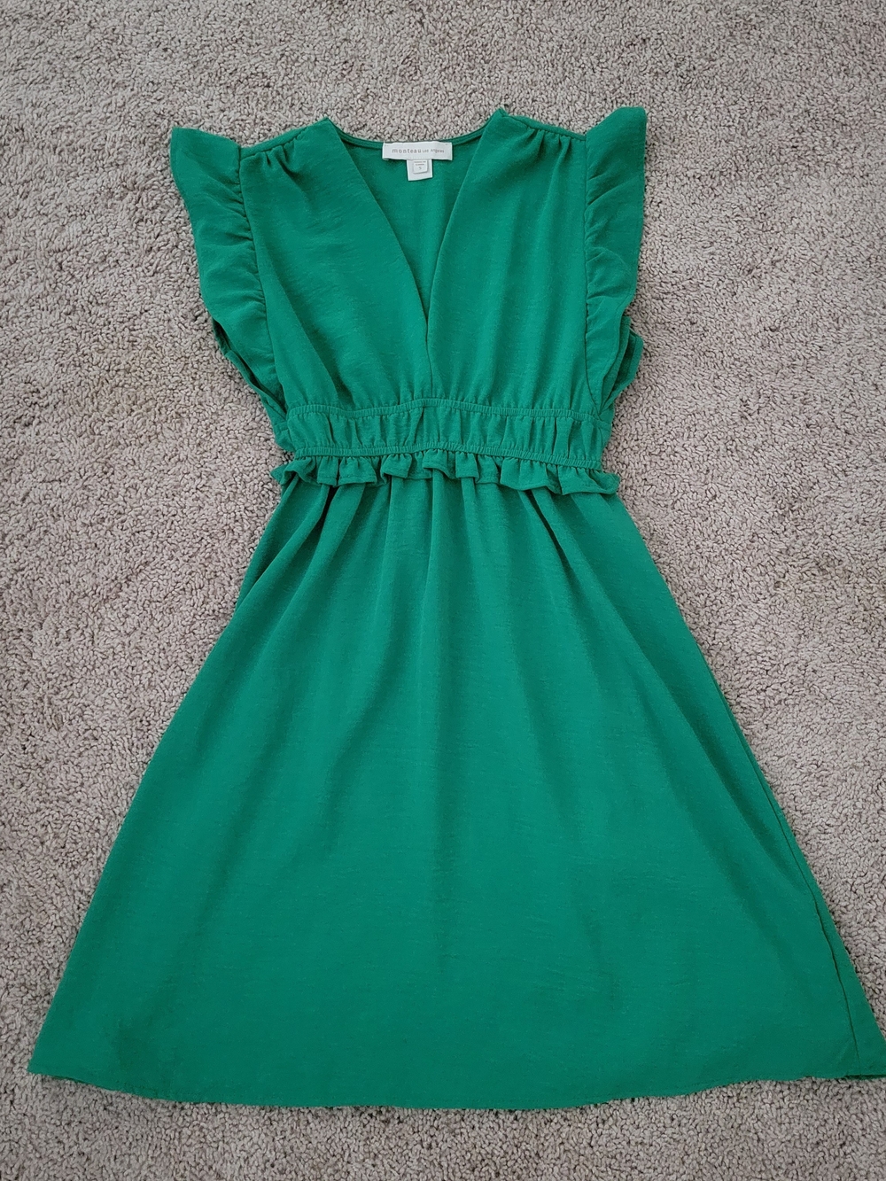 Monteau Girls Green Ruffle Waist Dress